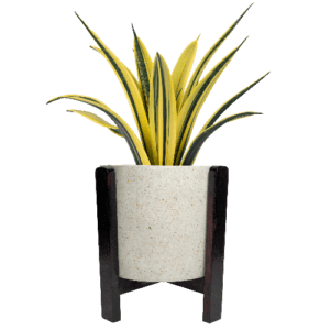 Pot Terrazzo Tipe Silinder Dan Stand Kayu Cokelat Tua