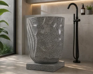Bak mandi teraso handmade warna abu-abu dengan desain modern pada kamar mandi minimalis.