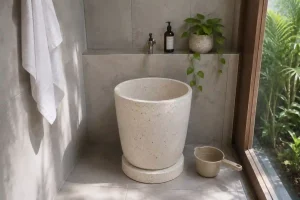 Bak mandi teraso pada kamar mandi modern sebagai contoh produk bak mandi untuk kebutuhan rumah dan villa